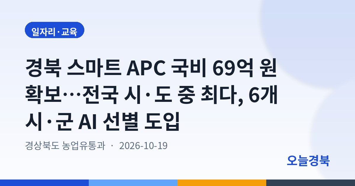 경북 스마트 APC 국비 69억 원 확보…전국 시·도 중 최다, 6개 시·군 AI 선별 도입