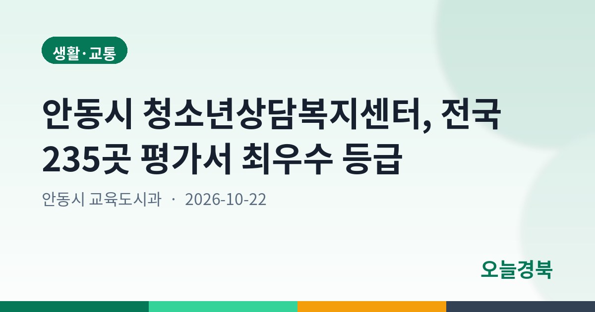 안동시 청소년상담복지센터, 전국 235곳 평가서 최우수 등급