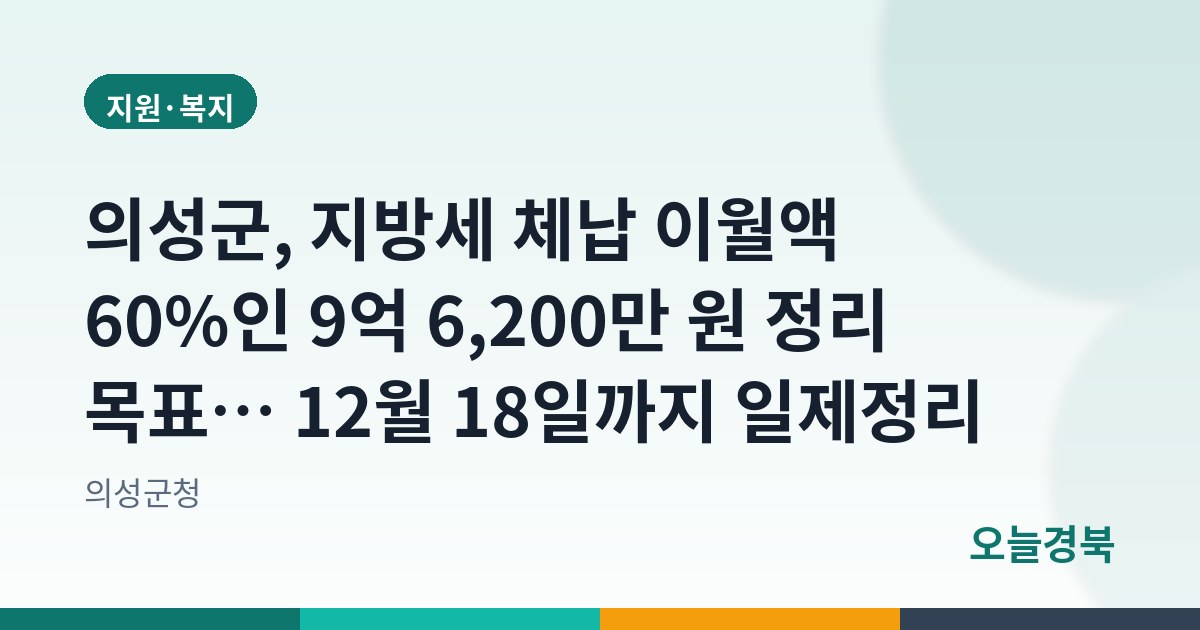 의성군, 지방세 체납 이월액 60%인 9억 6,200만 원 정리 목표… 12월 18일까지 일제정리