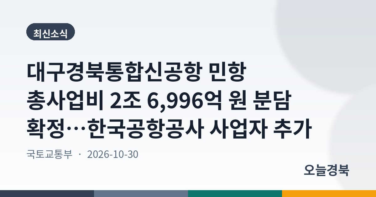 대구경북통합신공항 민항 총사업비 2조 6,996억 원 분담 확정…한국공항공사 사업자 추가