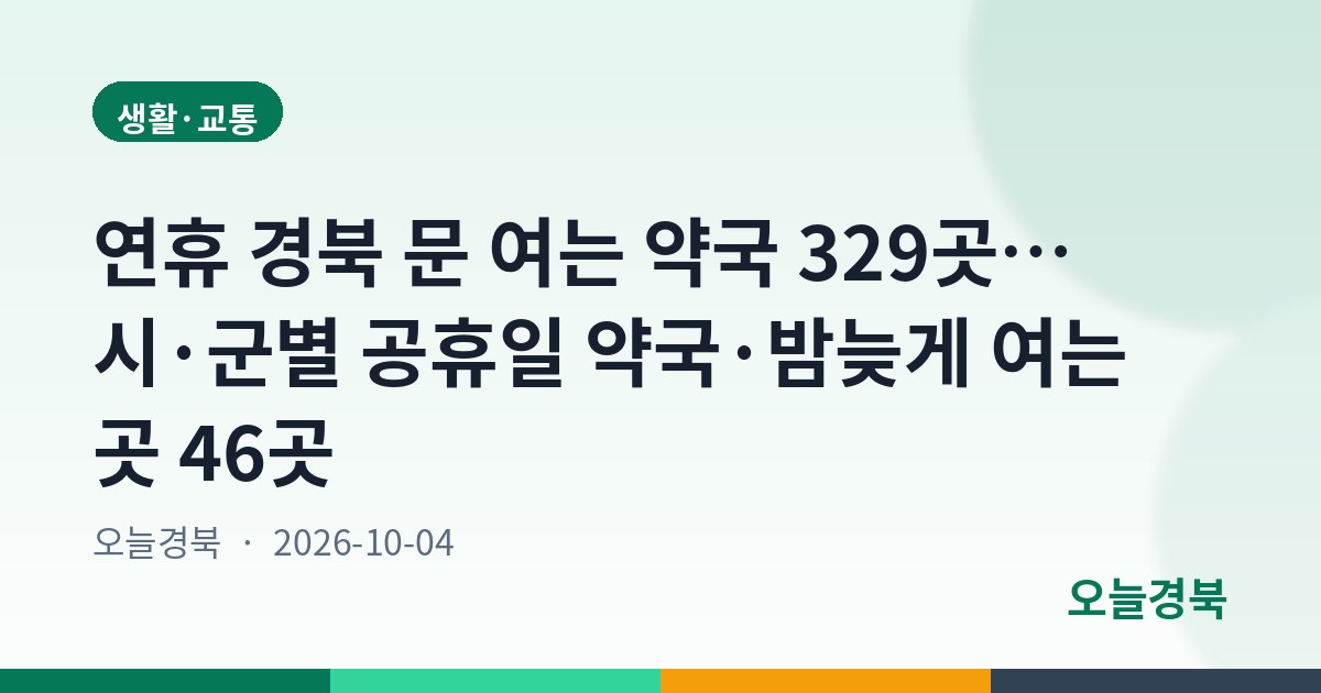 연휴 경북 문 여는 약국 329곳… 시·군별 공휴일 약국·밤늦게 여는 곳 46곳