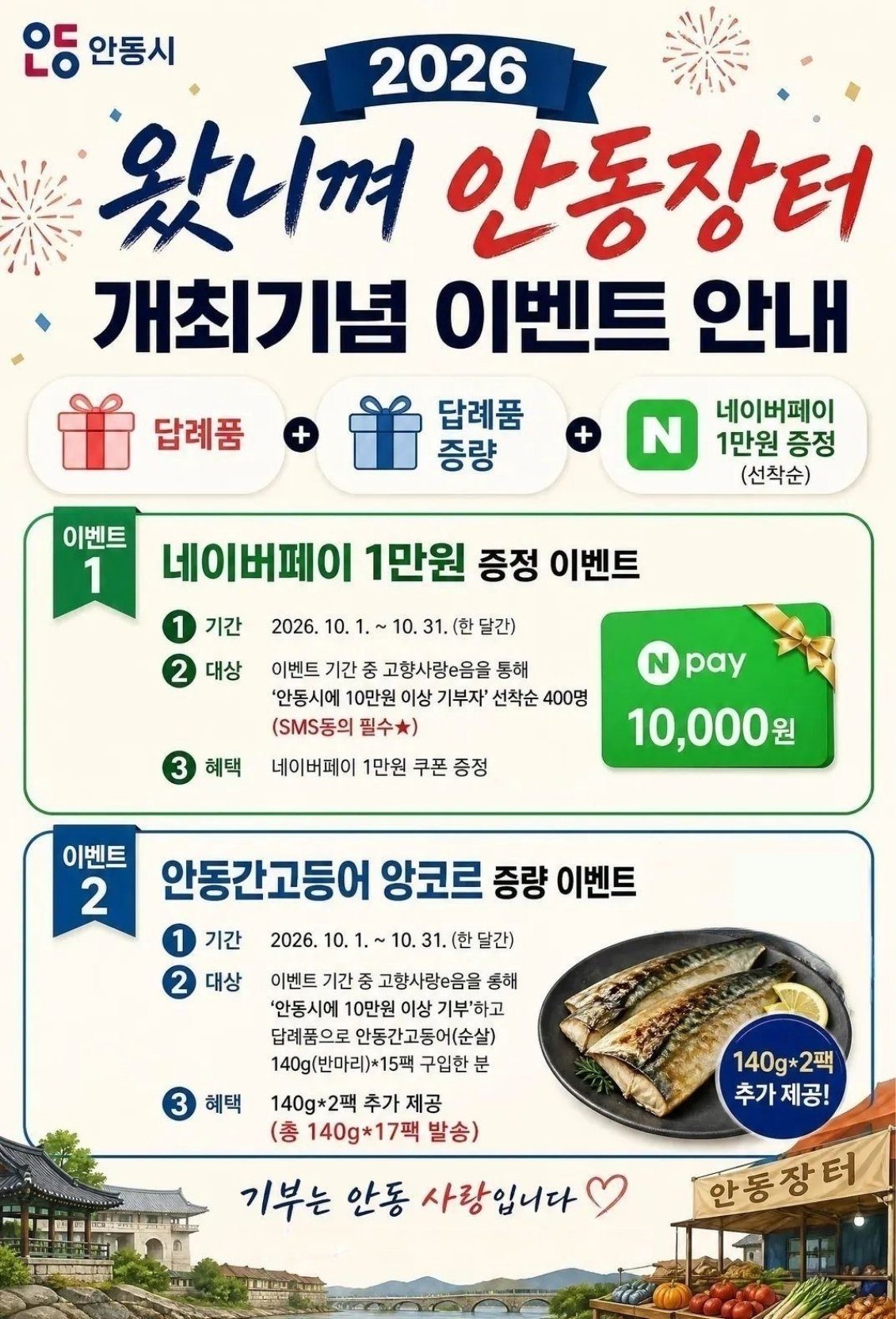 안동 고향사랑기부 10만 원 내면 네이버페이 1만 원…10월 한 달 선착순 400명, 간고등어 2팩 더