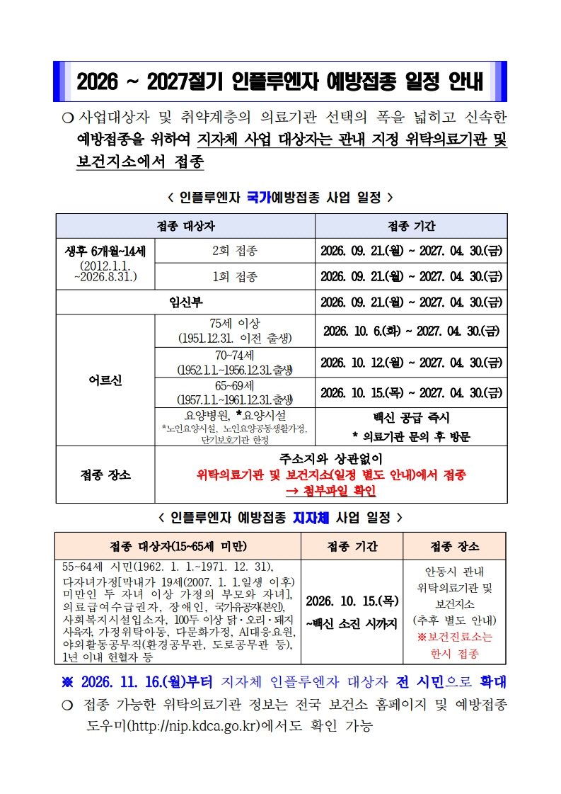 안동시, 국가지원 제외 시민 접종비 부담 덜어 독감 무료접종 시행